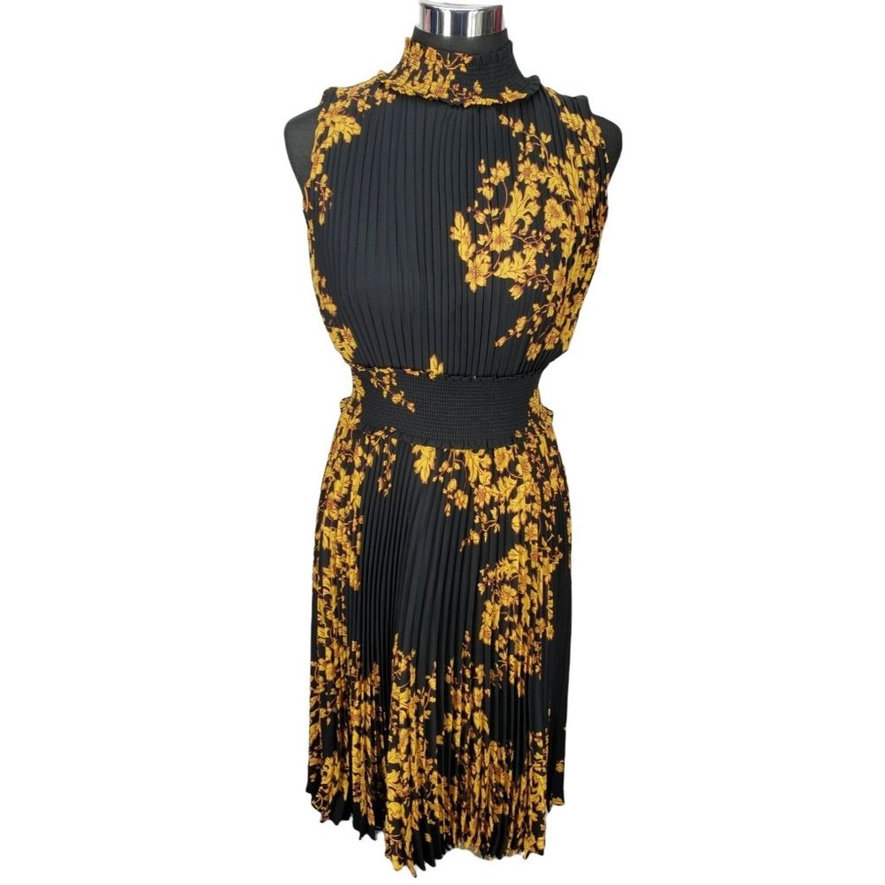 Nanette Lepore Pleated Sleeveless Mock Neck Midi Dress Black & Gold Size 4
